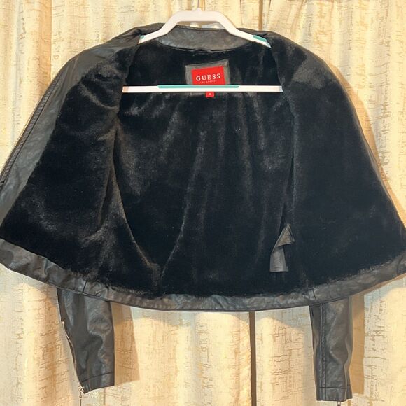 GUESS Los Angeles Faux Leather Biker Jacket Black Faux Fur Lined Women's Medium - Picture 3 of 8